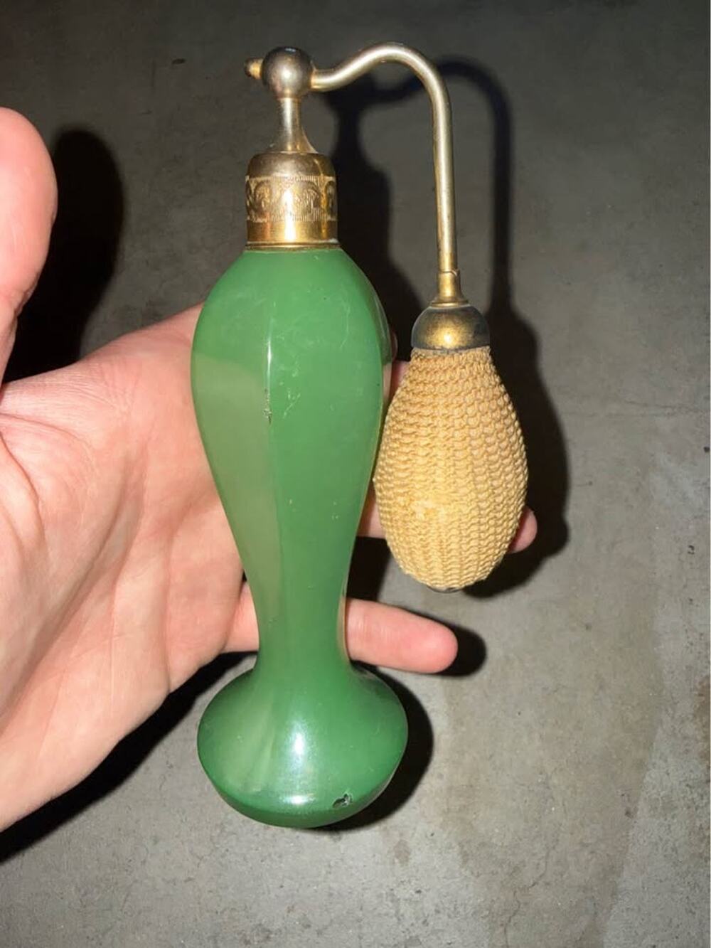 Antique DeVilbiss. Art Deco Glass Perfume Bottle Green Brass Ornate Atomizer